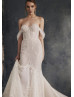 Off Shoulder Shiny Lace Tulle Wedding Dress With Frilled Train